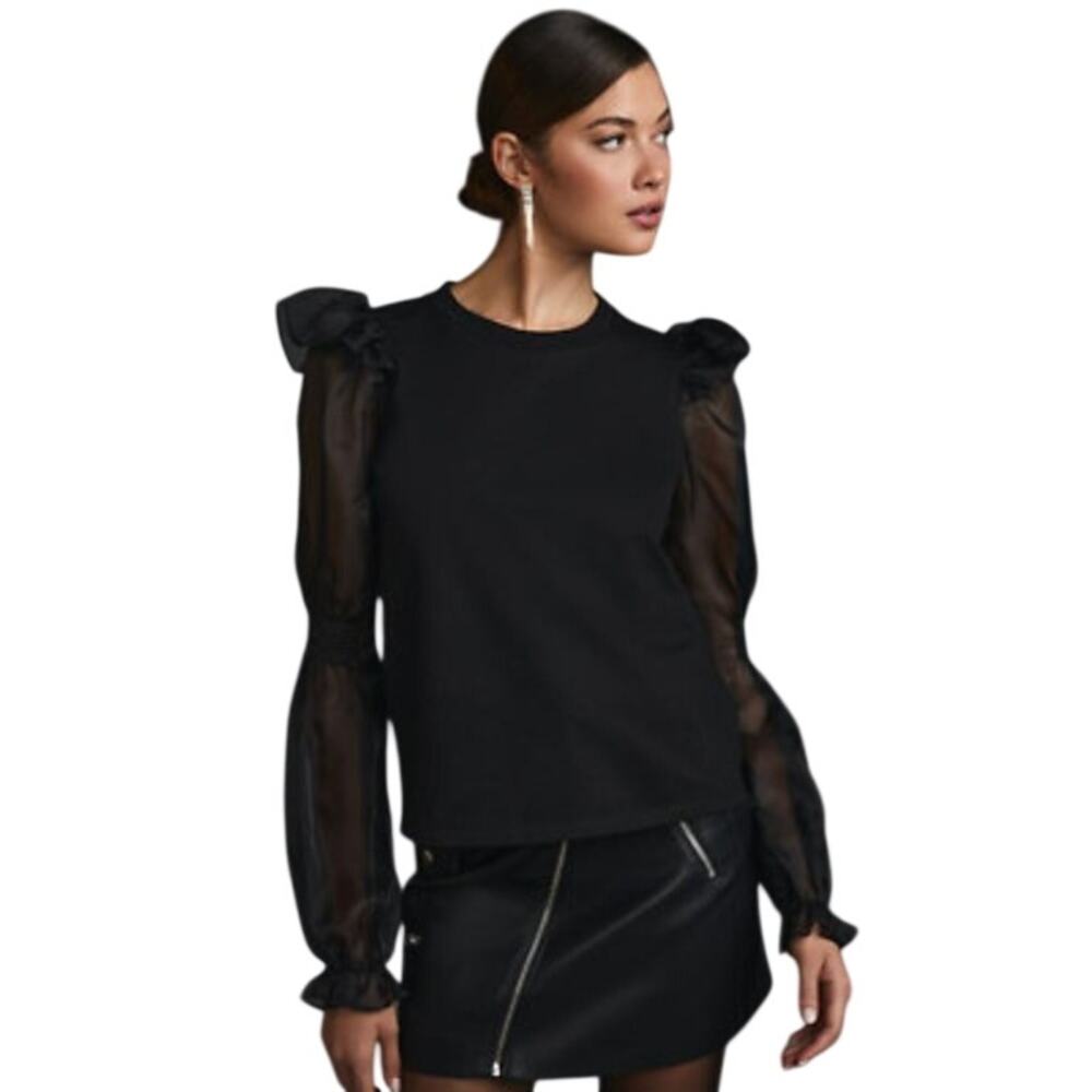 Anthropologie Black Sheer  Puff Sleeve Pullover Knit Top Size Small Balloon